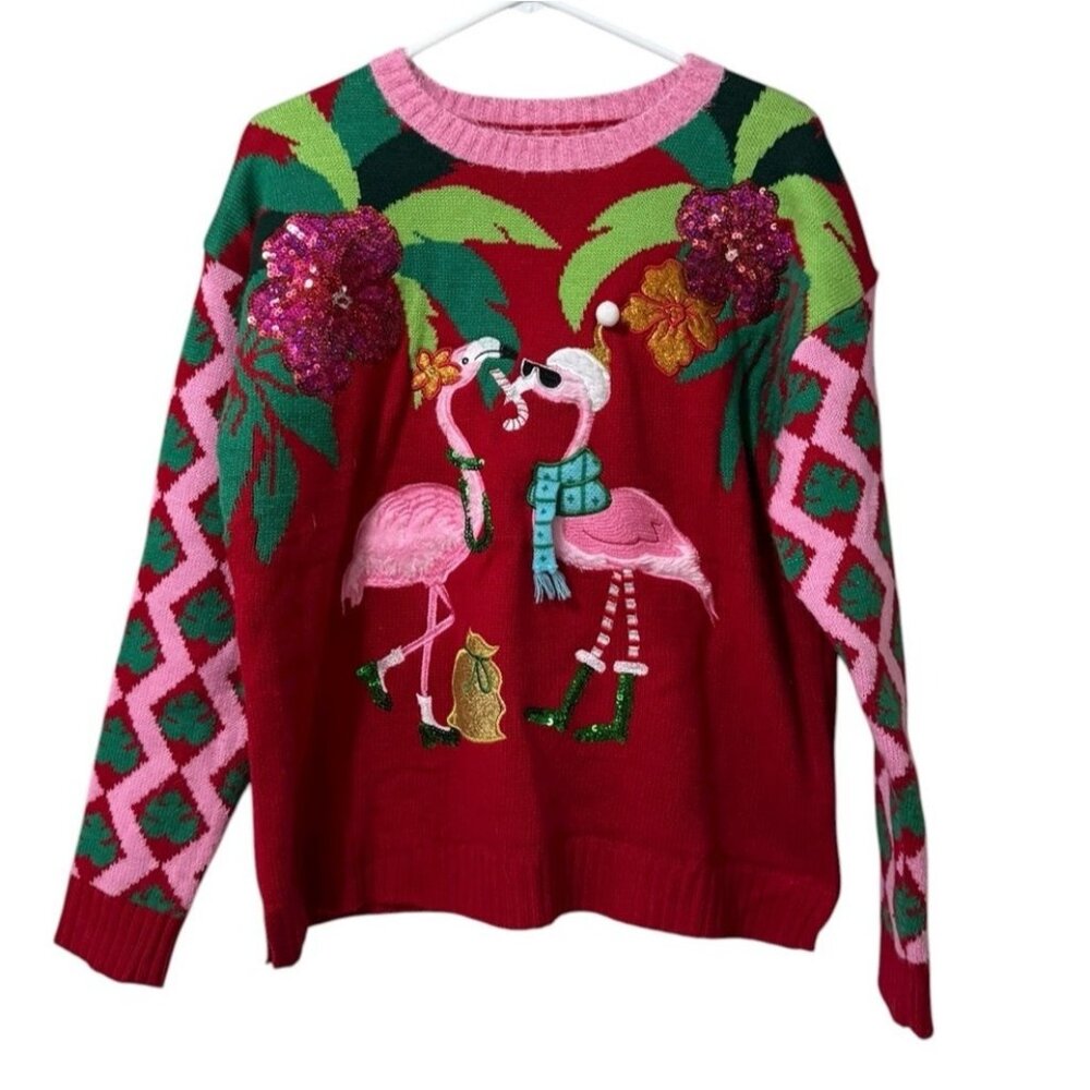 BLIZZARD BAY Women Sz Medium Pink Flamingo Santa Ugly Christmas Sweater Holiday